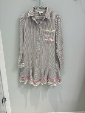 Tuckernuck Striped Shirt Dress with Pink Embroidered Trim